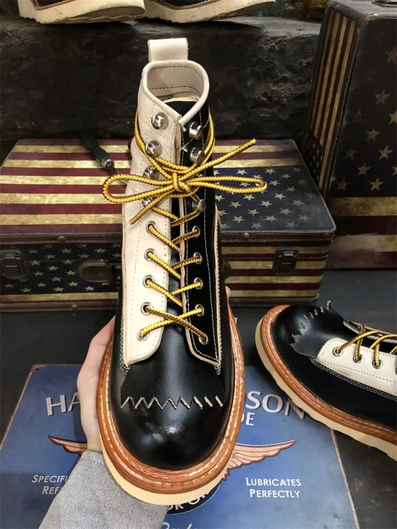 New Japanese Retro Patchwork Genuine Leather  Boots Men Round Toe Lace Up Motorcycle Ankle Boots Casual Men Leather Shoes
