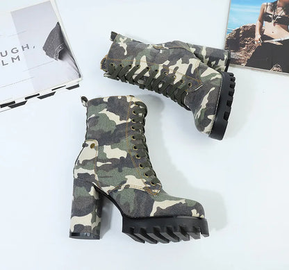 Camouflage Women Ankle Boots Lace-up Chunky High Heel Platform Botas Mujer Ladies Autumn Denim Shoes Riding Boot