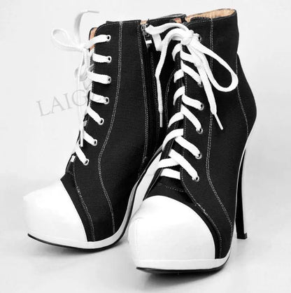 LAIGZEM Canvas Botines Mujer Women Platform Booties High Heel Side Zip Short Ankle Boots Shoes Woman Ladies Large Size 34 42 452