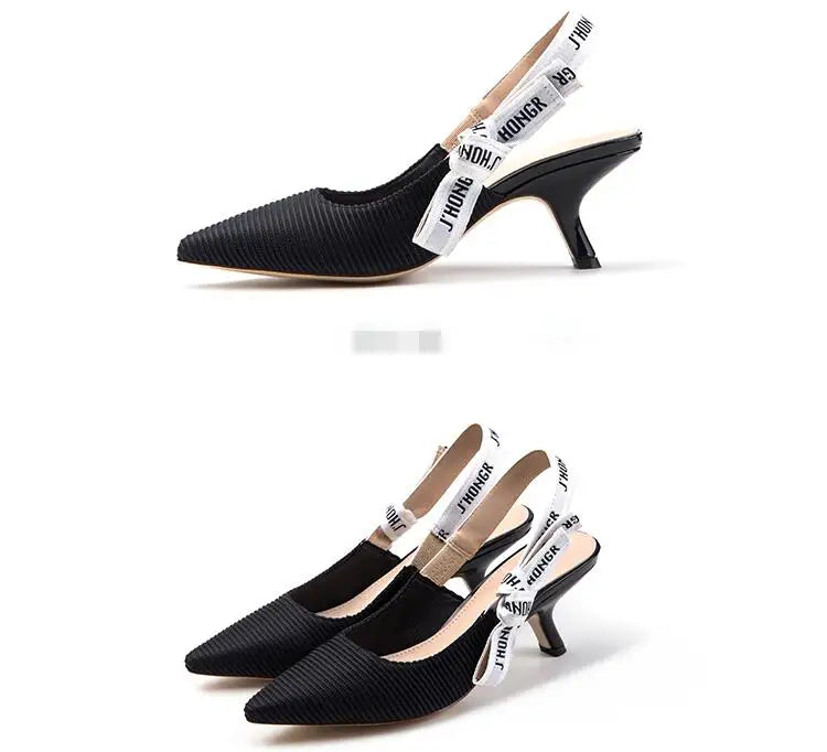 Sandals Women Luxury Striped Fabric Strange Heel Designer Sandals Back Strap Butterfly-Knot Elastic Band Pumps Party Shoes Woman