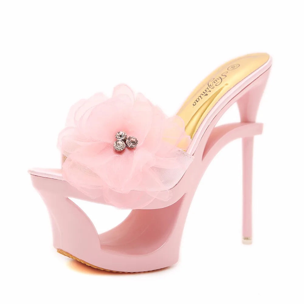 Strange Heels Platforms  2019 New Women Shoes Sandals and Slippers Blue Satin Chiffon Floral Diamond Waterproof Profiled Shoes