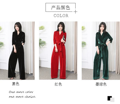 Nerazzurri Spring Autumn Long Soft Flowy Red Velvet Jumpsuit Women with Sleeves Sashes Maxi Black Wide Leg Floor Length Clothes