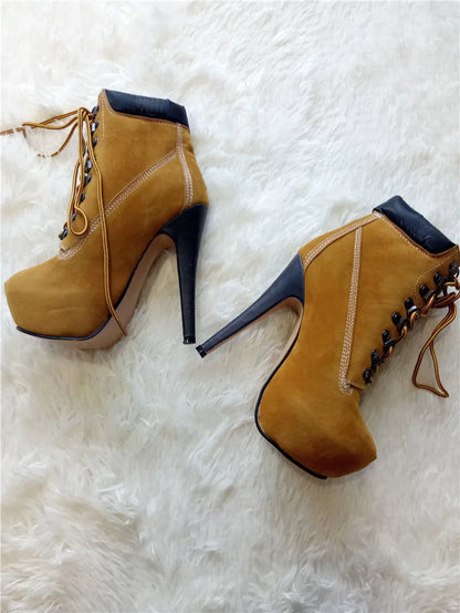 Onlymaker Women Lace-Up Ankle Boots Shoes 16cm High Thin Heel 4cm Platform Fashion Heels Boots Plus Size 35-46