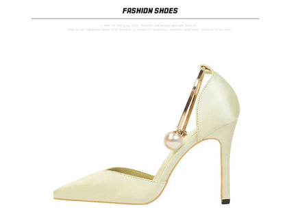 2025 New Elegant Pearl Metal Buckle High Heels Women Sandals Korean Fashion Soft Silk Pointed Ladies Shoes Party Sandals Shallow