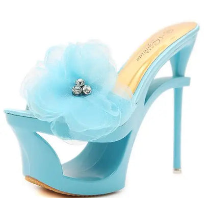 Strange Heels Platforms  2019 New Women Shoes Sandals and Slippers Blue Satin Chiffon Floral Diamond Waterproof Profiled Shoes