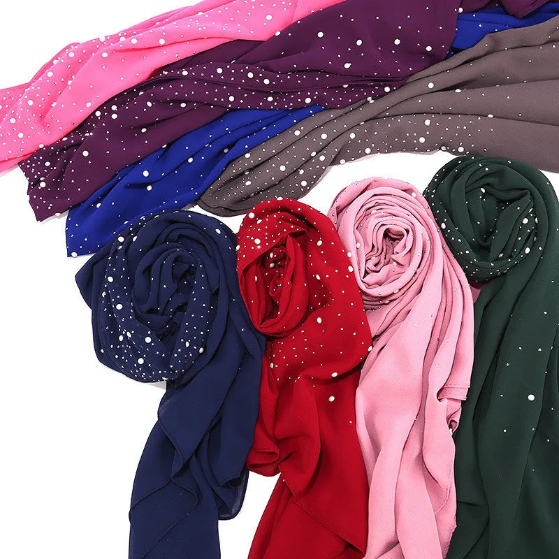 2024 hot sale women plain bubble pearl chiffon scarf Head hijab wrap solid shawls headband foulard femme muslim hijabs stores