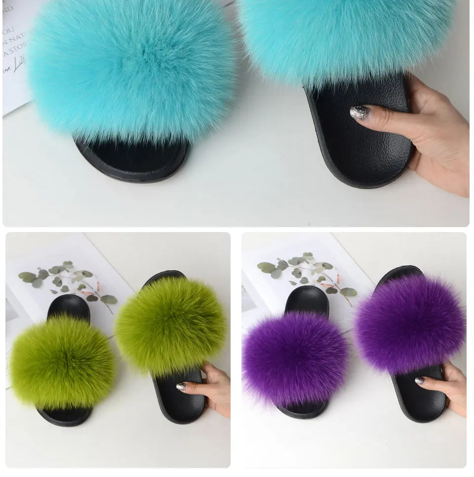 Women Summer Casual Fluffy Slippers With Fur Flat Non-Slip Real Fox Fur Furry Slides Large Size Shoes Fur Sandals