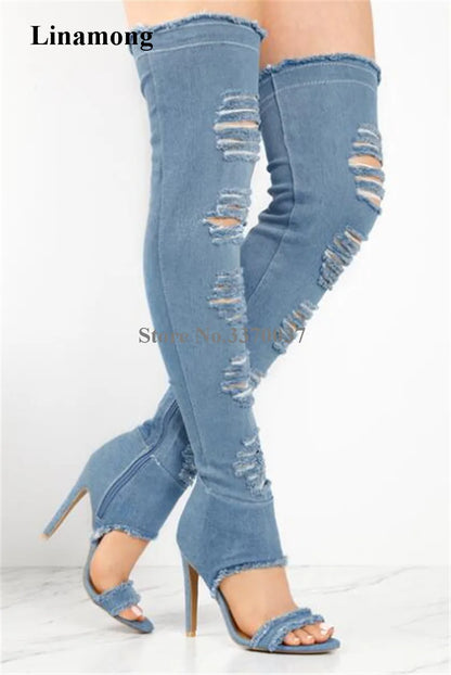 Spring Summer New Fashion Open Toe Denim Over Knee Gladiator Boots Cut-out Thigh Long High Heel Jean Boots