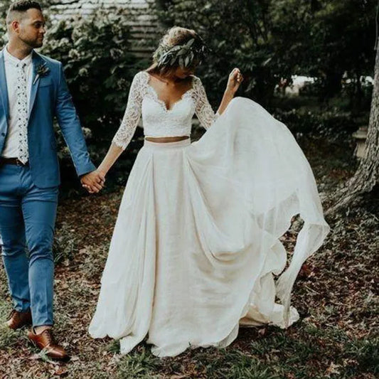 Boho Wedding Dress Long Sleeves A Line White Ivory Chiffon Lace Princess Beach Bride Two Pieces Wedding Gown Customized