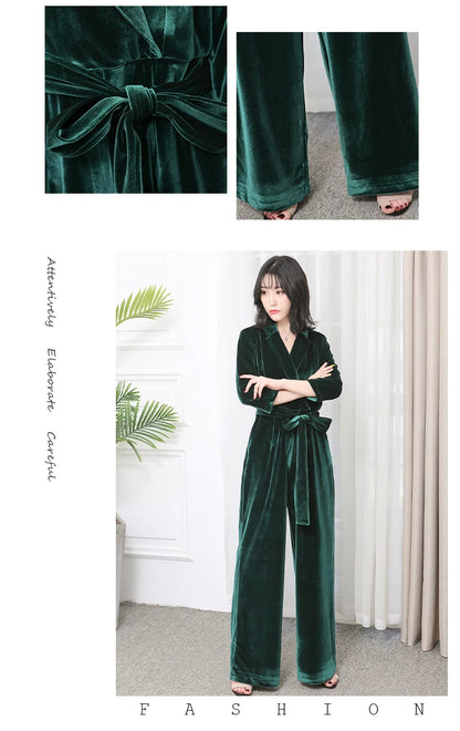 Nerazzurri Spring Autumn Long Soft Flowy Red Velvet Jumpsuit Women with Sleeves Sashes Maxi Black Wide Leg Floor Length Clothes