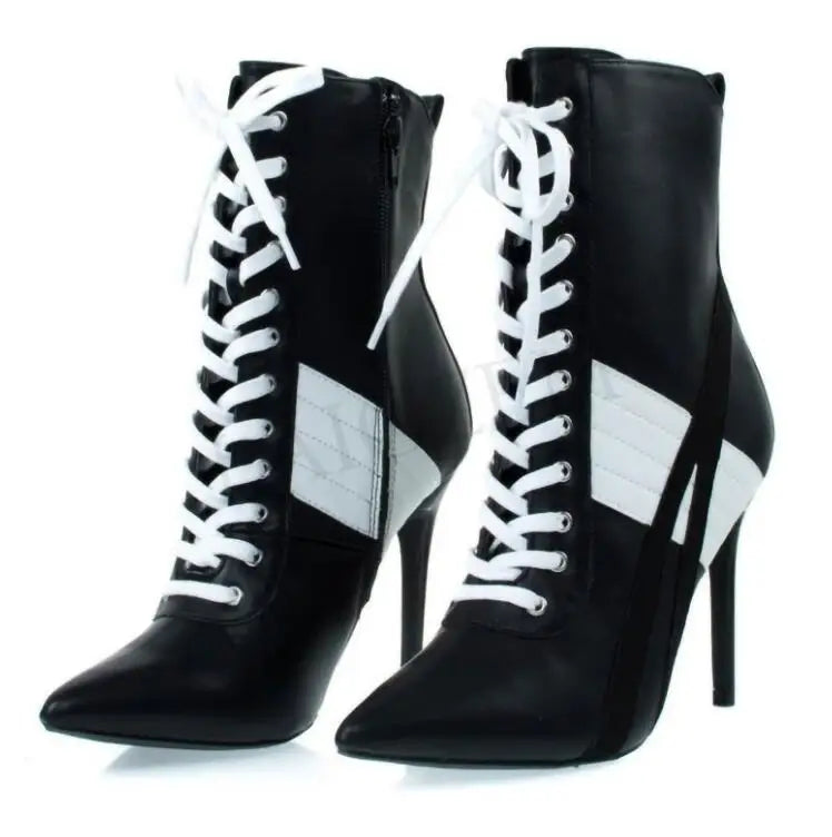 LAIGZEM Women Black and White Lace Up Boots Back Zip High Heel Ankle Booties Shoes Woman Ladies Botines Mujer Big Size 34-47