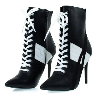 LAIGZEM Women Black and White Lace Up Boots Back Zip High Heel Ankle Booties Shoes Woman Ladies Botines Mujer Big Size 34-47