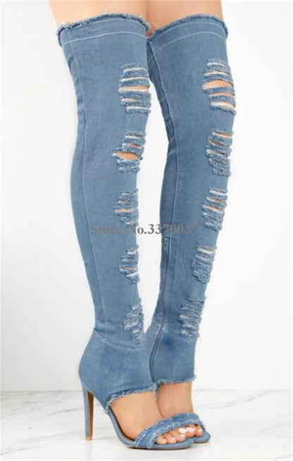 Spring Summer New Fashion Open Toe Denim Over Knee Gladiator Boots Cut-out Thigh Long High Heel Jean Boots