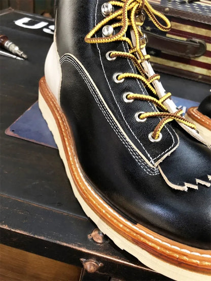 New Japanese Retro Patchwork Genuine Leather  Boots Men Round Toe Lace Up Motorcycle Ankle Boots Casual Men Leather Shoes