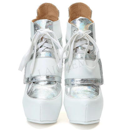 LAIGZEM SUPER Platform Booties Lace Up Comfortable Stiletto High Heel Ankle Booties Ladies Shoes Botines Mujer Large Size 39 52