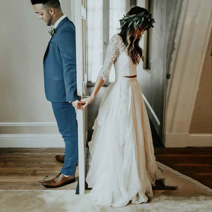 Boho Wedding Dress Long Sleeves A Line White Ivory Chiffon Lace Princess Beach Bride Two Pieces Wedding Gown Customized