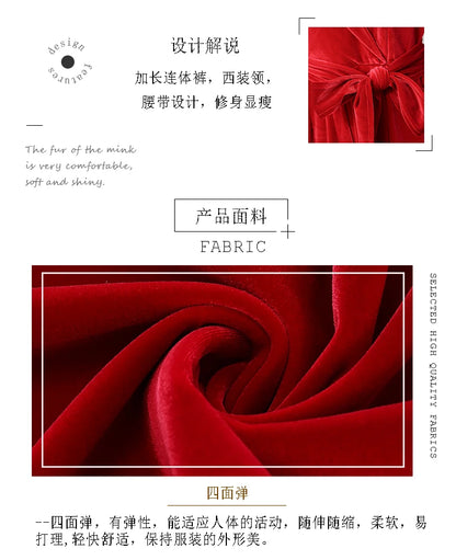Nerazzurri Spring Autumn Long Soft Flowy Red Velvet Jumpsuit Women with Sleeves Sashes Maxi Black Wide Leg Floor Length Clothes