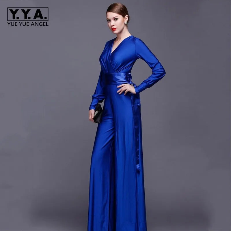 Fashion Women Long Sleeve Sexy V Neck Wide Leg Rompers Belted High Waist Jumpsuits Long Office Ladies Outfits Jumpsuit Colors