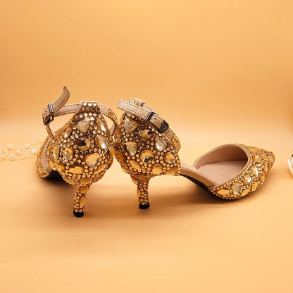 Customized Champagne Golden crystal women Wedding shoes Rhinestone high heels ankle strap shoes women party dress shoes
