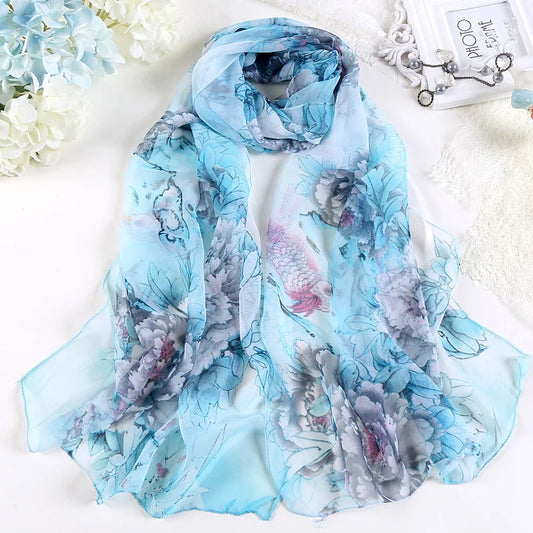 Hot Fashion Summer Chiffon Georgette Scarf Parrot Peony Print Women Foulard Long Shawl&Wrap Bandana Elegant Thin 50*160cm M163