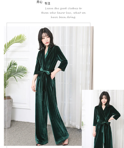 Nerazzurri Spring Autumn Long Soft Flowy Red Velvet Jumpsuit Women with Sleeves Sashes Maxi Black Wide Leg Floor Length Clothes