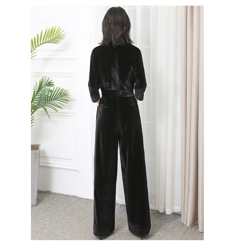 Nerazzurri Spring Autumn Long Soft Flowy Red Velvet Jumpsuit Women with Sleeves Sashes Maxi Black Wide Leg Floor Length Clothes