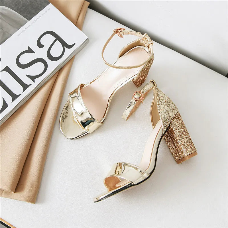 Luxury Silver Gold Summer Sandals for Women Elegant Block High Heels Flip Flop Sequined Party Wedding Shoes Ladies Large Size 45