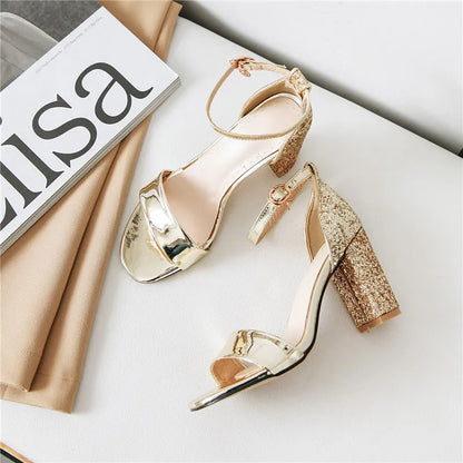 Luxury Silver Gold Summer Sandals for Women Elegant Block High Heels Flip Flop Sequined Party Wedding Shoes Ladies Large Size 45