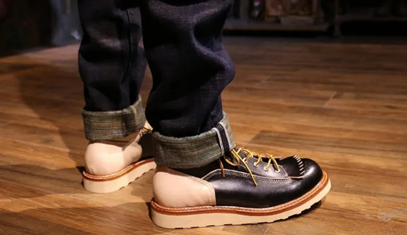 New Japanese Retro Patchwork Genuine Leather  Boots Men Round Toe Lace Up Motorcycle Ankle Boots Casual Men Leather Shoes