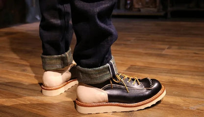 New Japanese Retro Patchwork Genuine Leather  Boots Men Round Toe Lace Up Motorcycle Ankle Boots Casual Men Leather Shoes