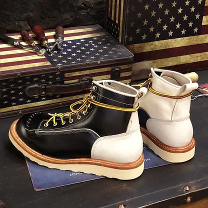 New Japanese Retro Patchwork Genuine Leather  Boots Men Round Toe Lace Up Motorcycle Ankle Boots Casual Men Leather Shoes