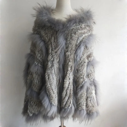 Plus Size Knitted Rabbit Fur Poncho With Hood Women 2024 Fashion Loose Real Fur Shawl Ladies Autumn Hooded Genuine Fur Ponchos