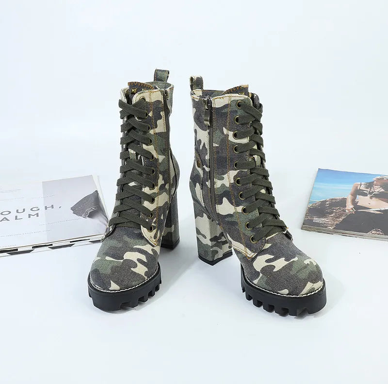 Camouflage Women Ankle Boots Lace-up Chunky High Heel Platform Botas Mujer Ladies Autumn Denim Shoes Riding Boot