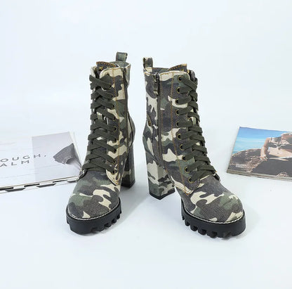 Camouflage Women Ankle Boots Lace-up Chunky High Heel Platform Botas Mujer Ladies Autumn Denim Shoes Riding Boot