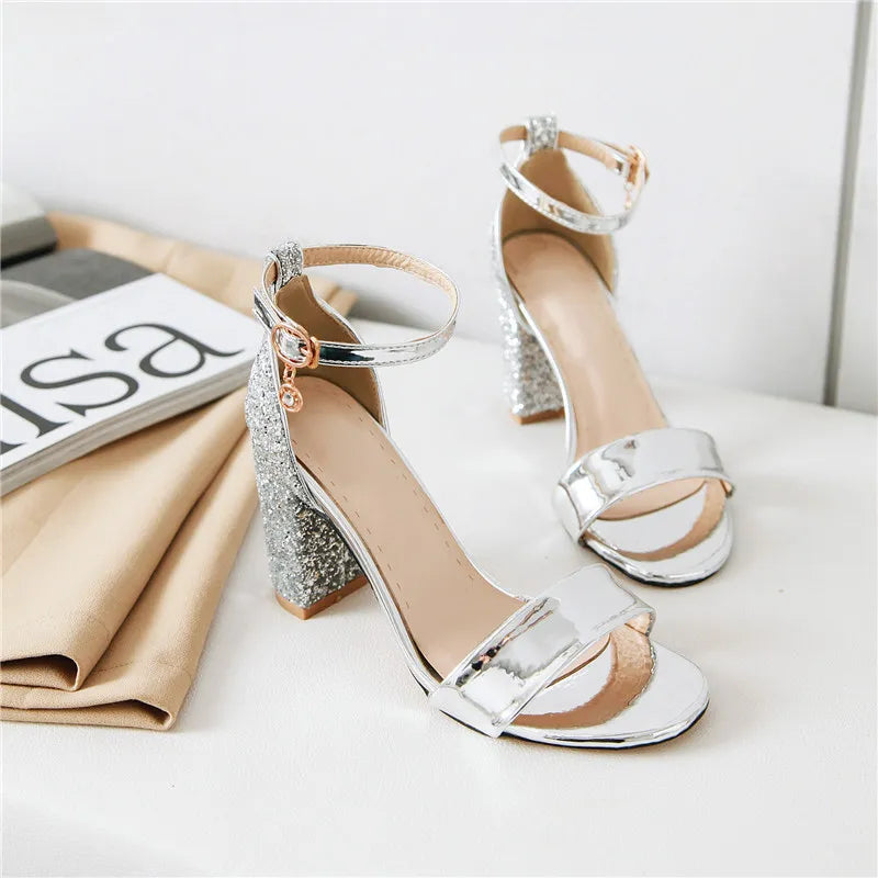 Luxury Silver Gold Summer Sandals for Women Elegant Block High Heels Flip Flop Sequined Party Wedding Shoes Ladies Large Size 45