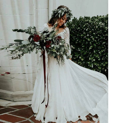 Boho Wedding Dress Long Sleeves A Line White Ivory Chiffon Lace Princess Beach Bride Two Pieces Wedding Gown Customized