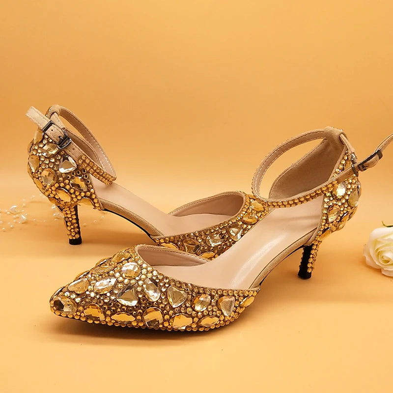 Customized Champagne Golden crystal women Wedding shoes Rhinestone high heels ankle strap shoes women party dress shoes