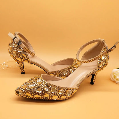 Customized Champagne Golden crystal women Wedding shoes Rhinestone high heels ankle strap shoes women party dress shoes