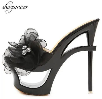 Strange Heels Platforms  2019 New Women Shoes Sandals and Slippers Blue Satin Chiffon Floral Diamond Waterproof Profiled Shoes