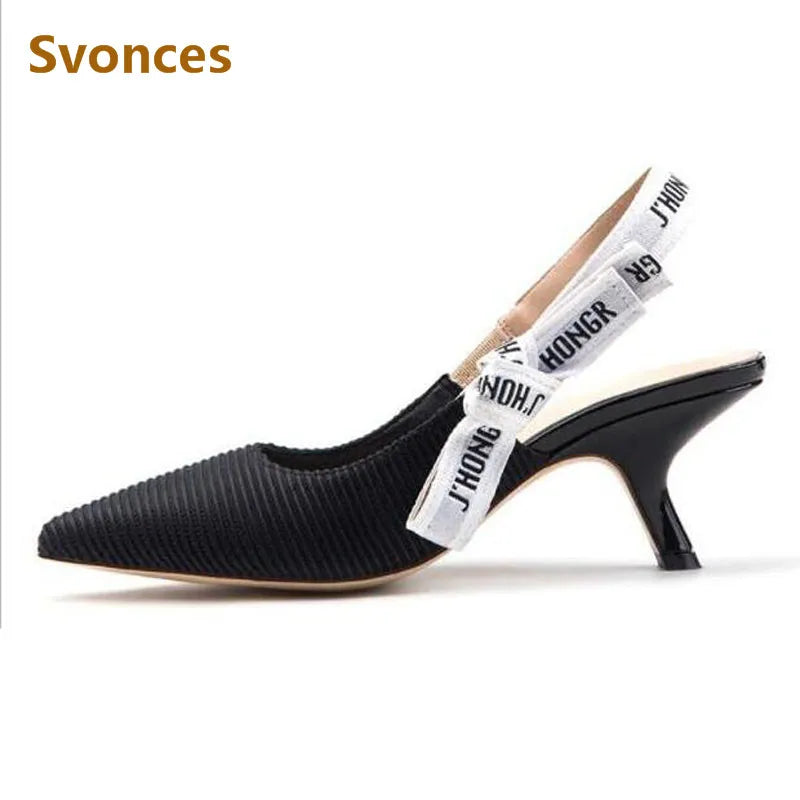 Sandals Women Luxury Striped Fabric Strange Heel Designer Sandals Back Strap Butterfly-Knot Elastic Band Pumps Party Shoes Woman