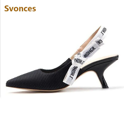 Sandals Women Luxury Striped Fabric Strange Heel Designer Sandals Back Strap Butterfly-Knot Elastic Band Pumps Party Shoes Woman