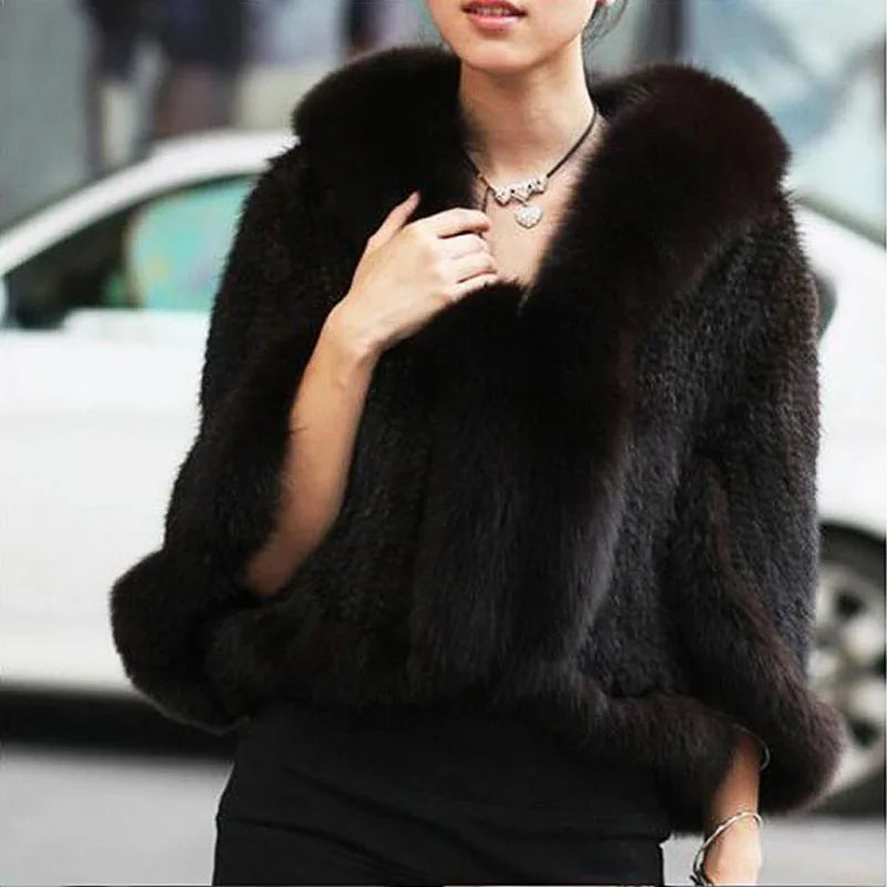 Autumn Winter Ladies' Genuine Knitted Mink Fur Shawls Fox Fur Collar Women Fur Pashmina Wraps Bridal Cape Coat Jacket