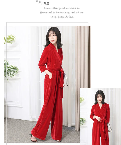 Nerazzurri Spring Autumn Long Soft Flowy Red Velvet Jumpsuit Women with Sleeves Sashes Maxi Black Wide Leg Floor Length Clothes