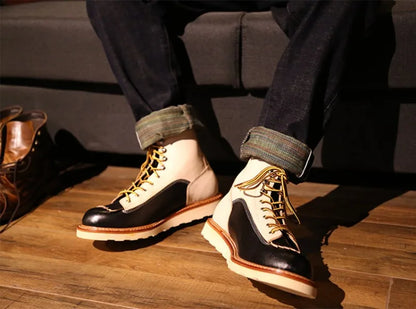 New Japanese Retro Patchwork Genuine Leather  Boots Men Round Toe Lace Up Motorcycle Ankle Boots Casual Men Leather Shoes