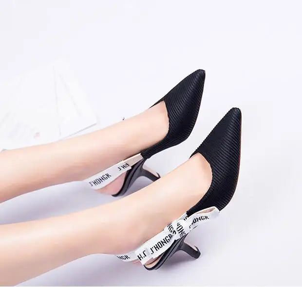 Sandals Women Luxury Striped Fabric Strange Heel Designer Sandals Back Strap Butterfly-Knot Elastic Band Pumps Party Shoes Woman