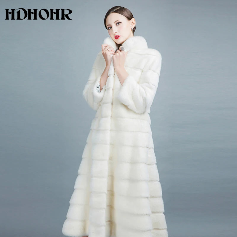 HDHOHR 2026 High Quality Natural Mink Fur Coats Long With Skirt Women Winter Real White Mink Coats Slim Warm Fur Jackets Feamle
