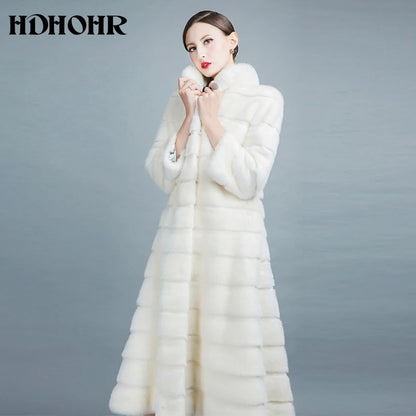 HDHOHR 2026 High Quality Natural Mink Fur Coats Long With Skirt Women Winter Real White Mink Coats Slim Warm Fur Jackets Feamle