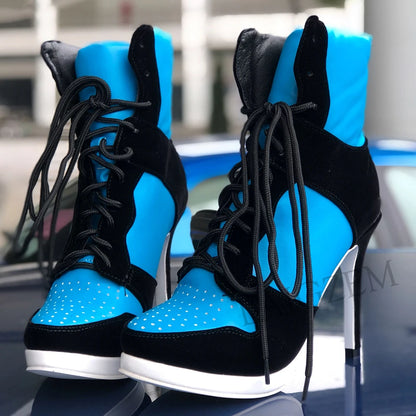 LAIGZEM SUPER Cool Women Ankle Boots Adjustable Lace Up Heel Boots Ladies Shoes Woman Botines Mujer 2020Small Big Size 34-47