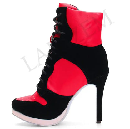 LAIGZEM SUPER Cool Women Ankle Boots Adjustable Lace Up Heel Boots Ladies Shoes Woman Botines Mujer 2020Small Big Size 34-47