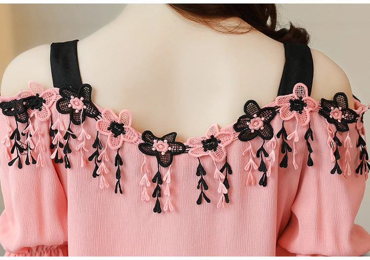 Women Summer Blouses 2024 Short Sleeve Chiffon Women Blouse Shirt Sexy Slash Neck Off Shoulder Top Womens Tops And Blouses B155